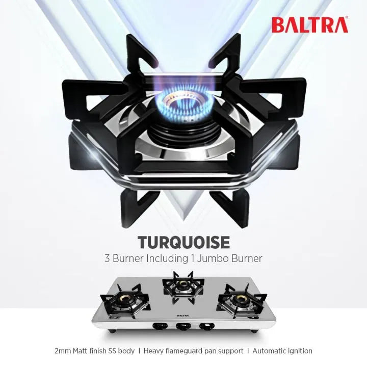 Baltra 3 Burner Automatic Gas Stove Turquoise Matt Finish