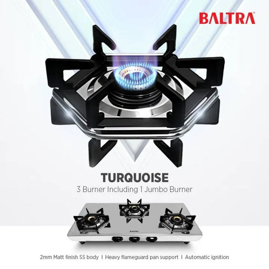 Baltra 3 Burner Automatic Gas Stove Turquoise Matt Finish